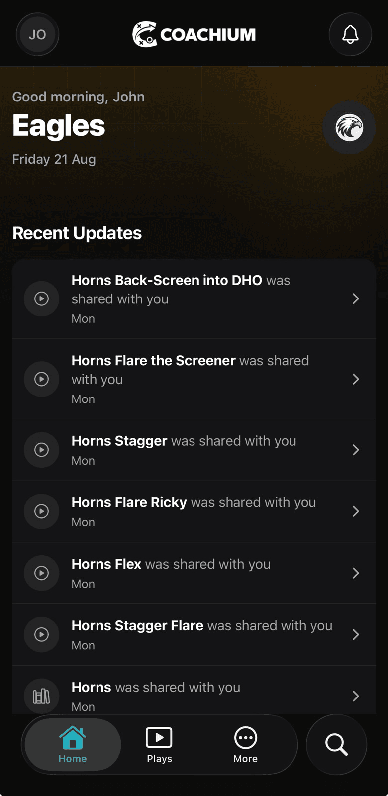 The player portal home screen listing plays and playbooks shared with the player