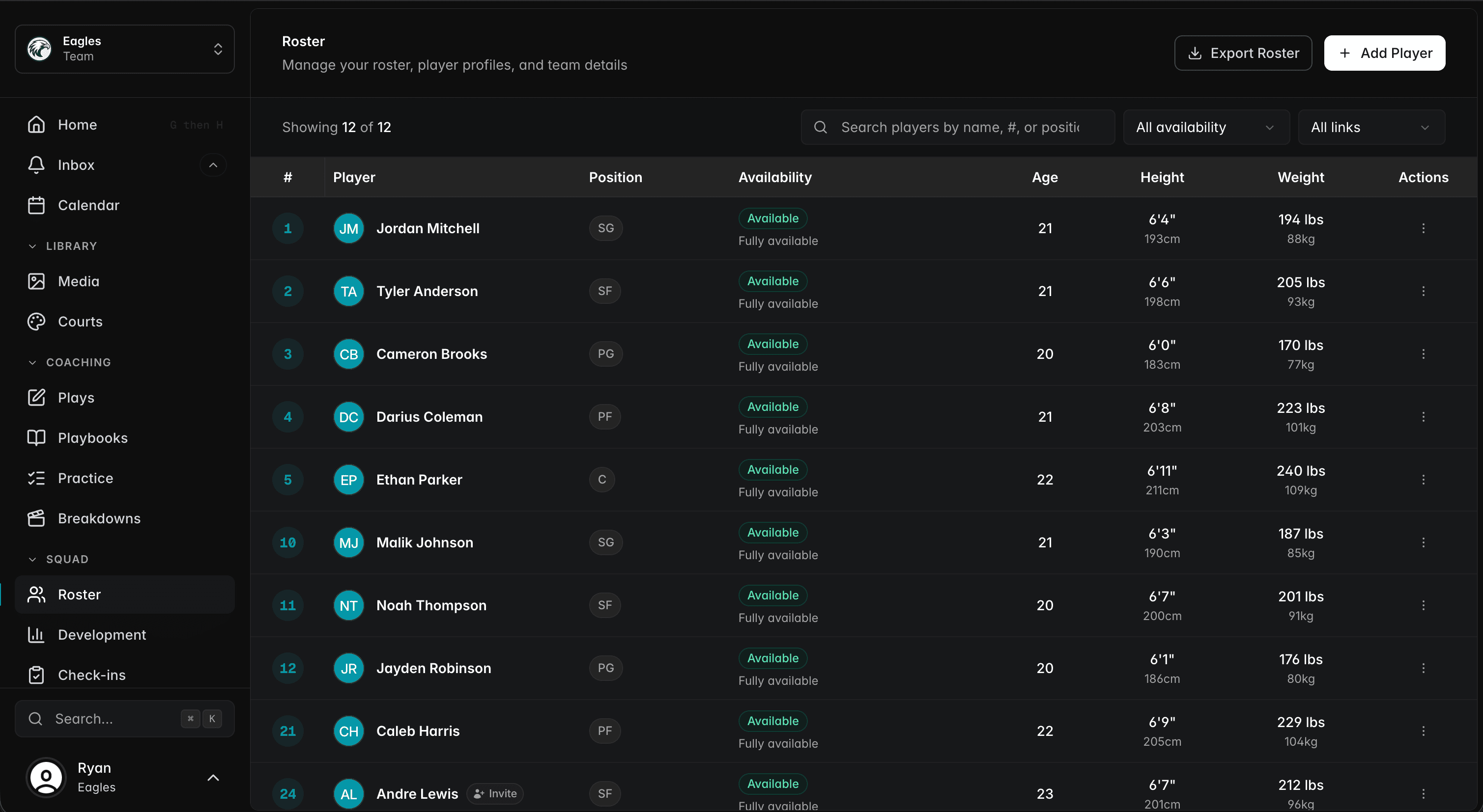 Coachium Roster Hub showing player profiles and roster status
